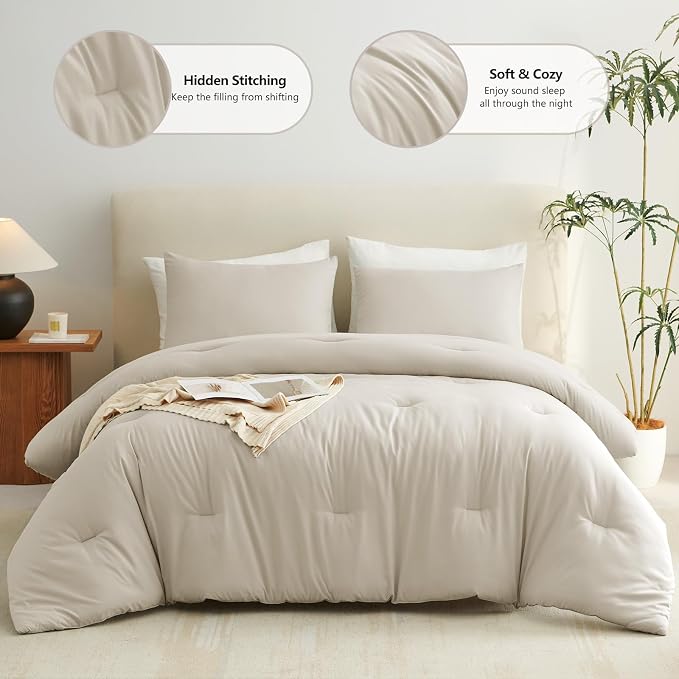 King Comforter Set, 3 Pieces Down Alternative Bedding, Oatmeal | 270 GSM All Season Comforter with 4 Corner Ties for Use as a Duvet Insert, OEKO-TEX Certified, 2 Pillowcases, 102 x 90 in