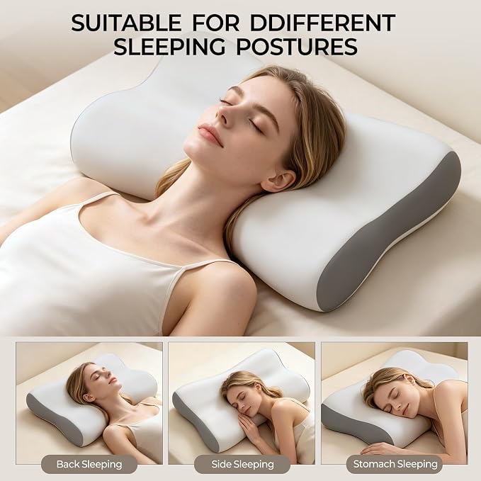 Polovo Cervical Neck Pillow for Pain Relief - Ergonomic Side Sleeper Pillow for Deep Sleep, Contour Memory Foam Pillows for Sleeping Bed Pillow for Side Back Stomach Sleepers(Grey)