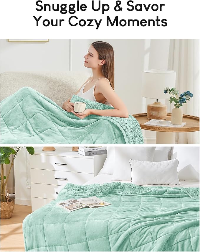 Cottonblue Sherpa Weighted Blanket for Adults 20lbs Queen Twin Size 60x80in | Soft Fuzzy Fleece Weighted Throw Blankets for Sleep Calm Relax, Warm Cozy Flannel Heavy Blanket for Bed Sofa, Dusty Green