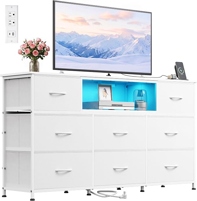 WLIVE LED Dresser TV Stand for 65 Inch TV, 8 Drawers, White | Fits TVs up to 65 inch, 8 fabric drawers, LED chest of drawers, Built-in power outlet, Living room or bedroom