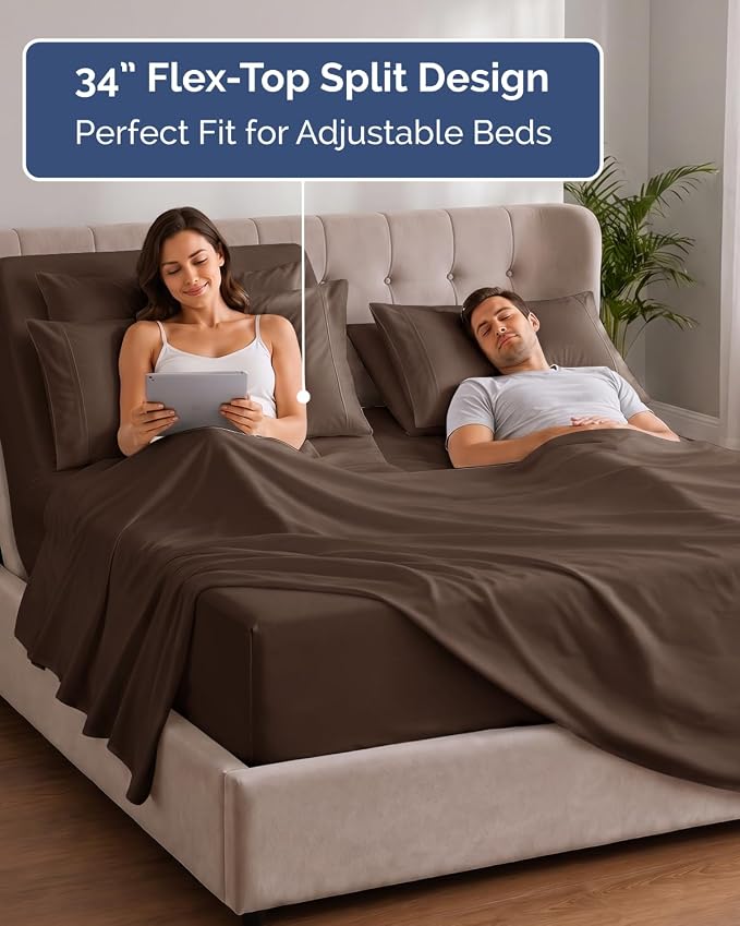 CGK Unlimited Extra Deep Flex Top Split Head King Sheet Set - 6 Piece Breathable and Cooling Sheets - Hotel Luxury Bedding for Women, Men, Kids & Teens - Easy Secure Fit - Extra Deep Pockets - Brown