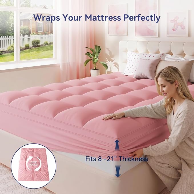 ELEMUSE Queen Pink Mattress Topper, Thick Pillow Top Mattress Pad | Plush comfort from overfilled down alternative fill. Deep pocket fits queen mattresses for couples, bedrooms and guest rooms