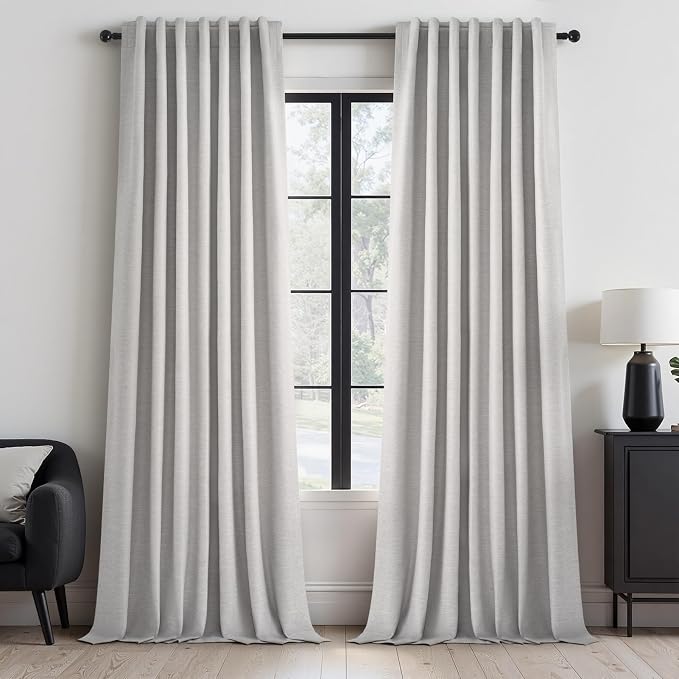 Topfinel 95 Inches Length Custom Blackout Linen Curtains Back Tab Pinch Pleated Noise Cancelling Curtains with Pin Hooks for Traverse Burlap Viral Drapes 2 Panels for Living Room Bedroom Grey