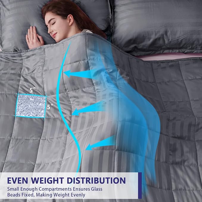 King Size Weighted Blanket for Adults (20 lbs, 80” x 87”, Satin grey Stripes) Heavy Blanket for Sleeping Perfect for 190-210 lbs, Breathable Blanket for Adults & Couple All Season, Machine Washable