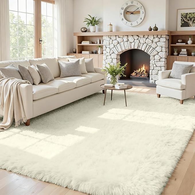 5x7 Fluffy Shag Area Rugs for Living Room Bedroom: Soft Carpet Cream White | Upgraded Non-Slip Thick Memory Foam, Ultra Soft, Non-Shedding Fuzzy Carpet, Easy Clean Decor for Kids Room, Nursery, Playroom