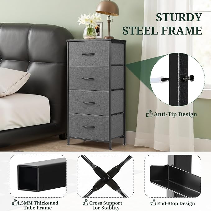 4 Drawers Dresser for Bedroom Fabric Storage Tower with Wooden Top | Steel Frame Tall Chest of Drawers for Closet, Entryway, Dorm, Gray