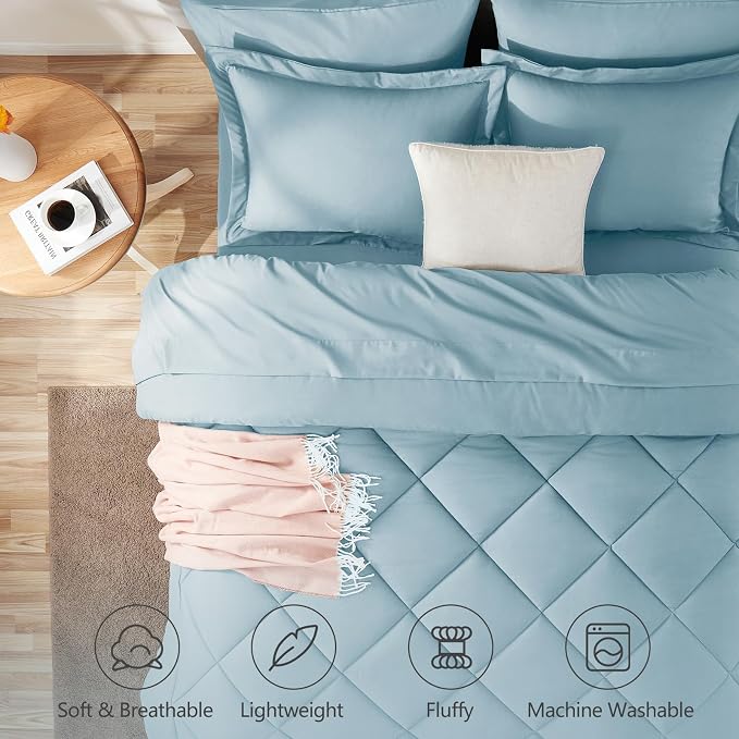 Full Size Comforter Sets Light Blue - 7 Pieces Complete Bedding Set | OEKO-TEX Certified, All Season, 240GSM Down-Alternative Comforter, Sheets, Pillowcases & Shams, 14" Deep Pocket, Easy Care