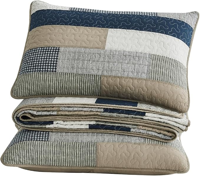 Chezmoi Collection Dylan 3-Piece Navy Blue White Gray Taupe Plaid Rectangular Patchwork Quilt Set - Pre-Washed Cotton Quilted Coverlet - Lightweight Bedspread for All Seasons, King Size