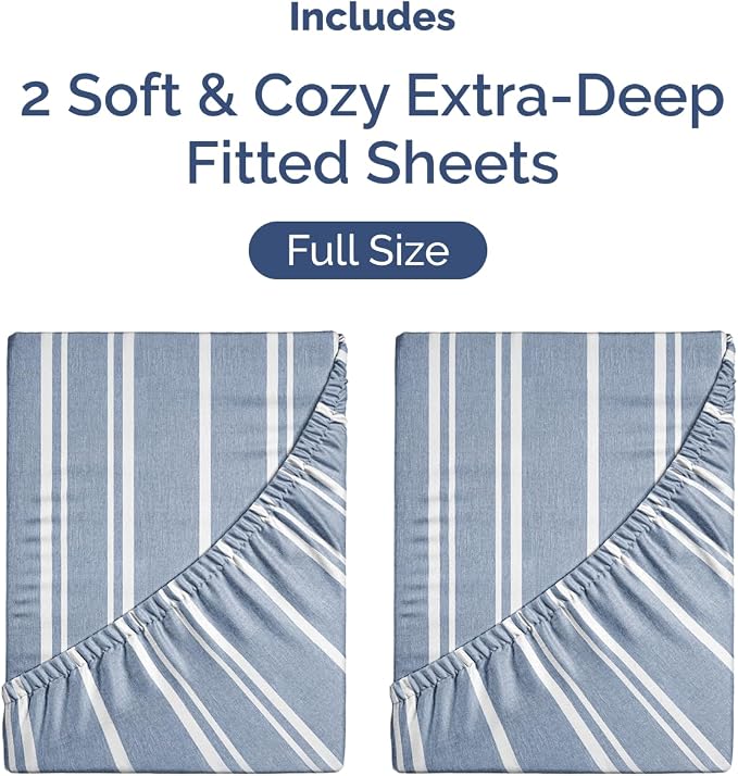 2 Pack Extra Deep Full Fitted Sheets with Extra Deep Pockets - Blue Stripes | Hotel Luxury Bottom Fitted Sheets Only, Soft, Fade & Wrinkle Free, Breathable & Comfy, All Around Elastic Fitted Sheets