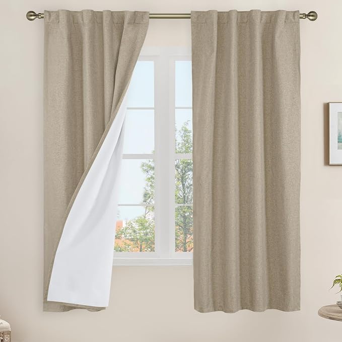 Taupe 100% Blackout Linen Curtains 63 Inches for Bedroom 2 Panels | Room Darkening, Farmhouse Curtains, Privacy Protected, Thermal Panels, Rod Pocket Back Tab, with White Liner, 38 x 63 Inch