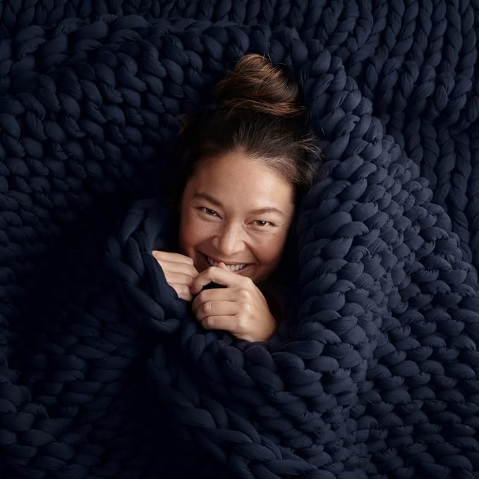 Cotton Hand-Knit Weighted Blankets for Adults - Chunky Knit Blanket - Sustainable, Breathable, Organic, Cooling Weighted Blanket - Machine Washable (Midnight Blue, 10 lbs, 40"x64")