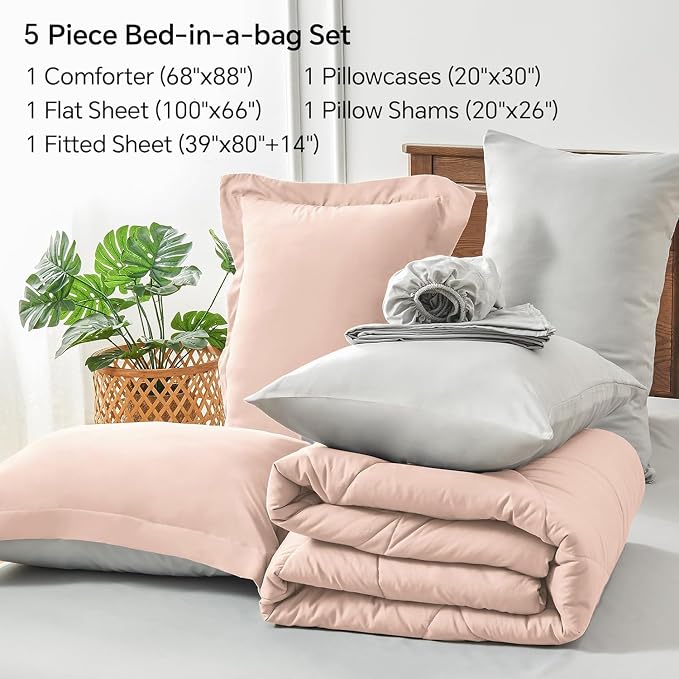 BEDELITE Twin XL Comforter Set 5 Pieces, Reversible Dusty Pink Bed in A Bag | Soft All Season Down-Alternative Comforter, Sheets, Pillowcases & Shams, OEKO-TEX Certified Bedding for Drom Room, College