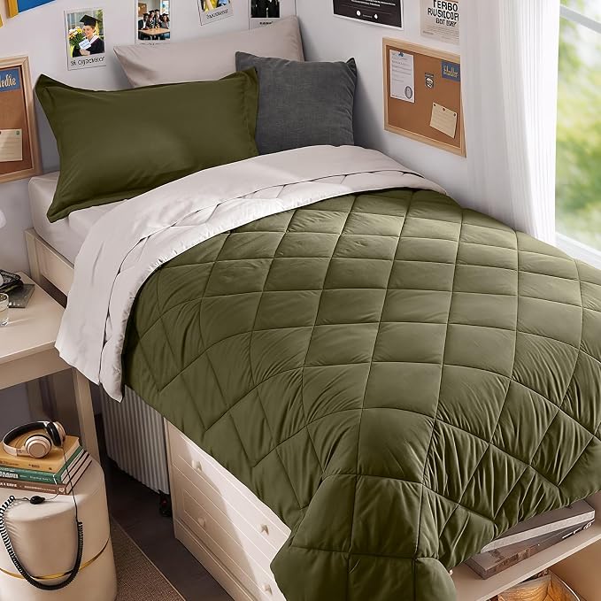 5 Pieces Twin XL Comforter Set, Reversible Bed in a Bag Twin XL Size, All Season Bedding Set with Comforter, Flat Sheet, Fitted Sheet, Pillowcases & Shams, Olive Green & Beige