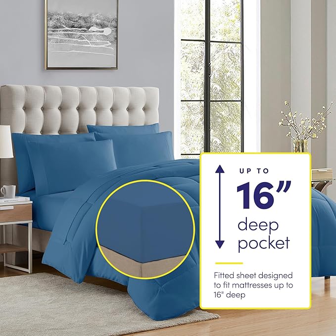 Sweet Home Collection 5 Piece Comforter Set Bag Solid Color All Season Soft Down Alternative Blanket & Luxurious Microfiber Bed Sheets, Denim, Twin