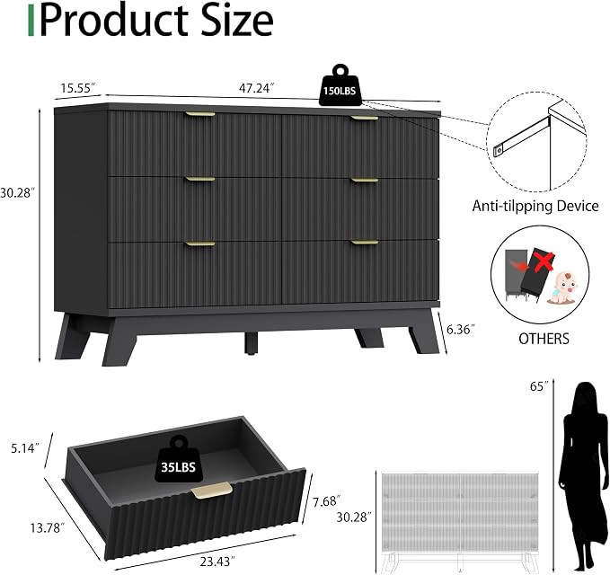 Xixini Fluted Dresser for Bedroom with 6 Drawers, 48" Wide Wooden Chest of Drawers with Metal Handle, Modern Dresser TV Stand, Wood Closet Clothes Storage Organizer for Living Room, Hallway, Black