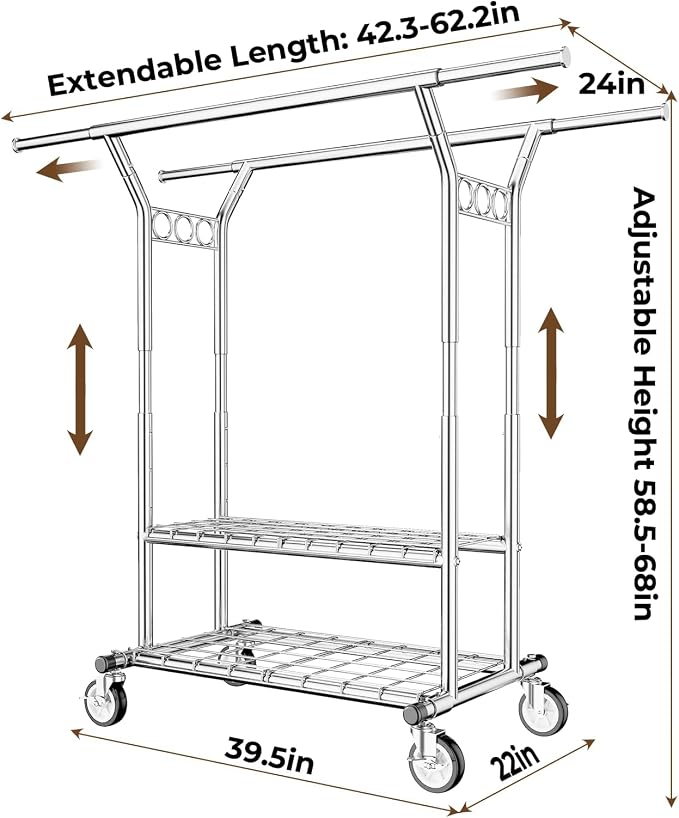 HYSEYY Heavy Duty Clothes Rack, Rolling Clothing Rack With Shelves Load 620 LBS, Double Rod Clothing Racks for Hanging Clothes, Portable& Adjustable Clothes Rack with Wheels Garment Rack