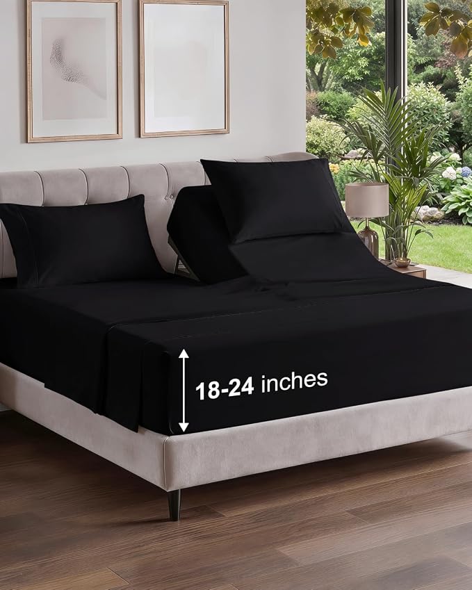 Flex Top Split Head King Sheet Set - 4 Piece Extra Deep Sheets - Black | Easily Fits 18 to 24 inch Mattress, Ultra Soft, Wrinkle & Fade Free with Extra Deep Pockets, Comfy Hotel Luxury Bedding