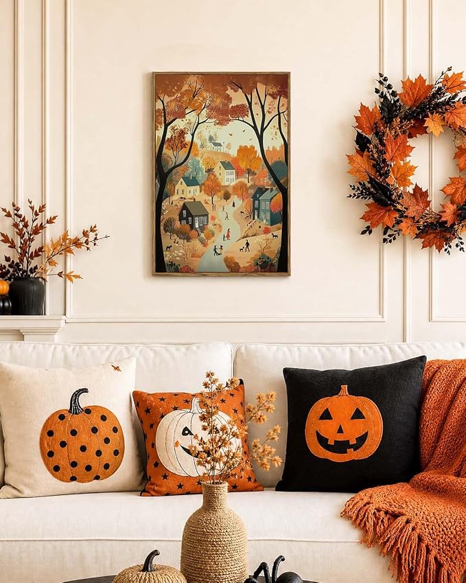 WHASAYART Autumn Cozy Village Landscape Scene 16x24 Framed Canvas Print, Rustic Fall Country Trees Wall Art with Warm Colors, Thanksgiving House Office Entryway Seasonal Decor
