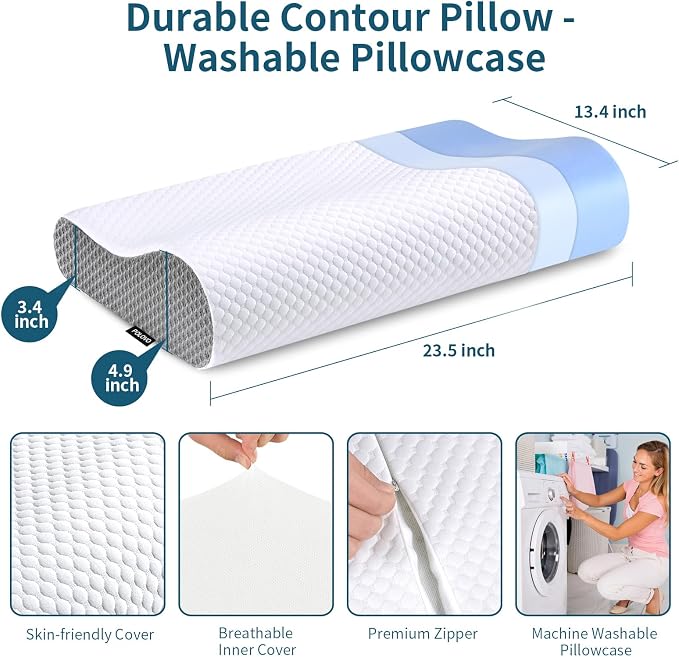 Neck Pillow Memory Foam for Pain Relief Bed Pillow for Sleeping, Ergonomic Orthopedic Cervical for Neck and Shoulder Pain, Side Back Stomach Sleeper(White&Grey)