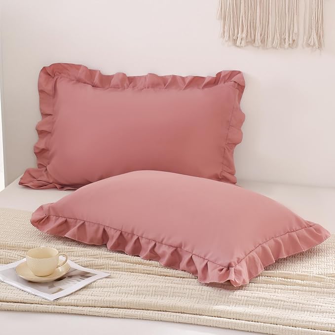 Merryword Pink Mocha Pillowcases King Pillowcases Ruffled Pillow Shams Set of 2 Cute Pillowcases Solid Ruffled Fringe Design Pink Shabby Chic Pillowcases 2 Pack (King (20''x36''), Pink Mocha)