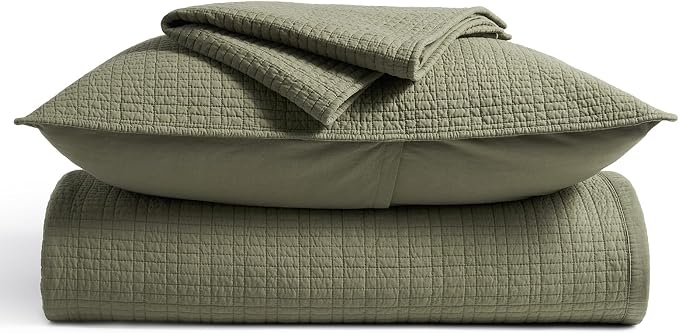 EverGrace 100% Cotton Modern Grid Stitch Quilt Set, King Size, Olive Green | Pre-Washed Cotton Coverlet Bedspread, Oversized Lightweight 3-Piece Bedding Set for All Season, with 2 Pillow Shams
