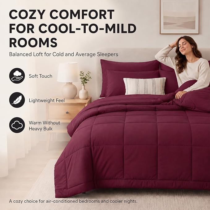 Full Size Comforter Sets Burgundy - 7 Pieces Bed in a Bag | OEKO-TEX Certified, All-Season, Bedroom, Guest Room, Down-Alternative Comforter + Flat & Fitted Sheets + 4 Pillowcases