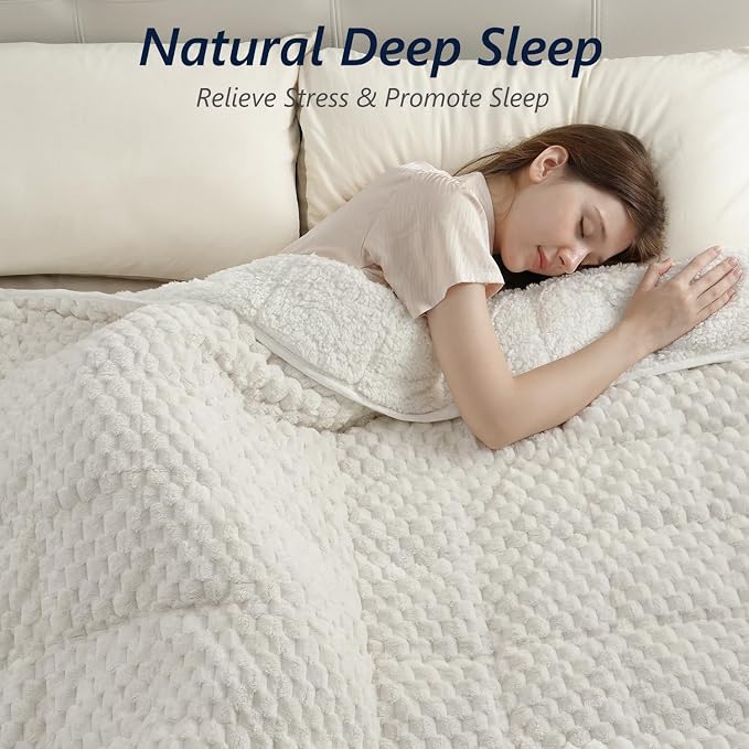Mr. Sandman Weighted Blankets for Adults, Full Size 48 x 72 Inches, 15lbs | Machine Washable; Soft Warm Sherpa Fleece; Jacquard Flannel with Glass Beads; Heavy Throw for Sleep and Calm; Cream White