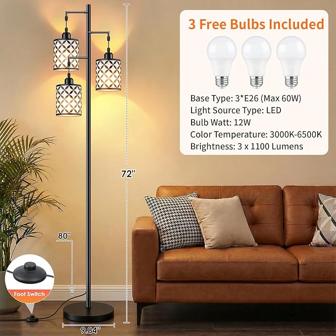 72" Dimmable Floor Lamp with Remote & Timer, Industrial Farmhouse Rustic Standing Lamp for Living Room Bedroom, 3 Individually Controlled Heads, 2 Height Options, 3 x LED Bulbs Included