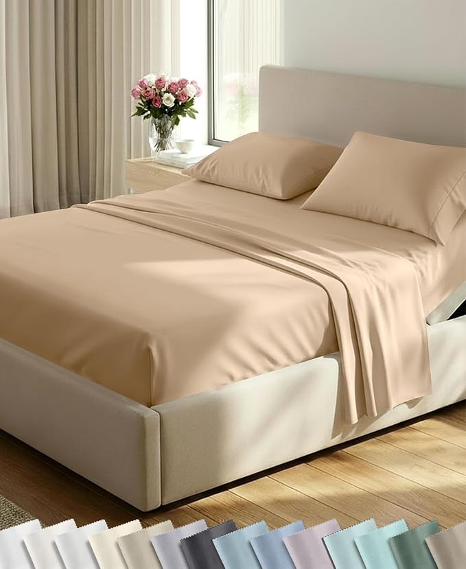 California Design Den 600 Thread Count Split King Sheets, 5 Pcs, Golden Tan | 100% Cotton Sateen, Good Housekeeping Seal, Split King Sheets Sets for Adjustable Bed with 2 Separate Twin-XL Mattresses