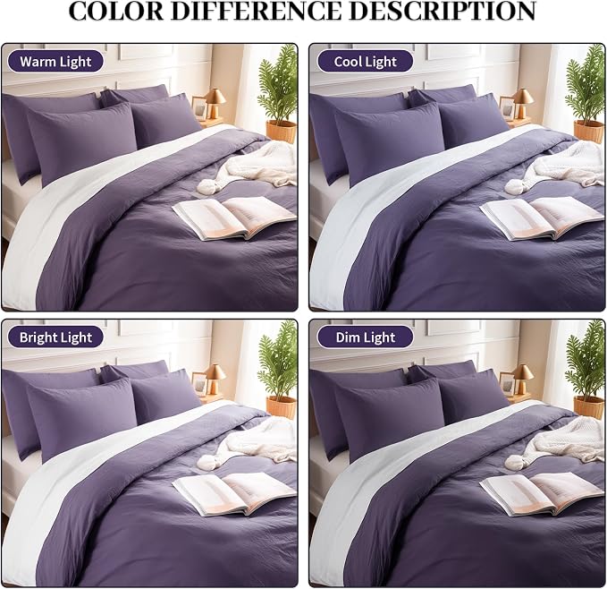 NEXHOME PRO 100% Washed Cotton Duvet Cover Twin Size, Ogranic Natural Linen Feel Breathable Bedding Set with Zipper Closure, 2 Pieces Includes 68x90 Inch Cover & 1 Pillowcases Eggplant (No Comforter)