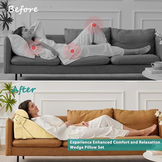 Adjustable 3pcs Bed Wedge Pillow Set, Memory Foam Wedge Pillows Post Surgery for Back, Neck, Leg Pain Relief, Pillow Wedge for Sleeping, Sitting up in Bed, Acid Reflux and GERD, Beige Yellow