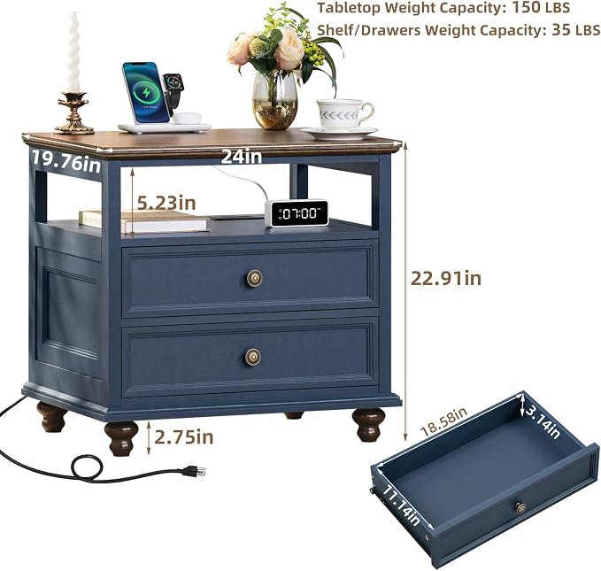 Joaxswe Farmhouse Nightstand Set of 2 with Charging Station, 24" Wide End Table with 2 Drawers,Wood Dresser for Bedroom,Bed Side Table Chest of Drawers Cabinet,Navy BlueNight Stand for Living Room