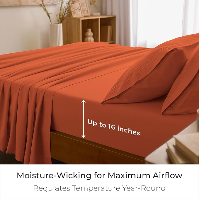 Mellanni Iconic 4-Piece, Ultra Soft Sheet Set (King, Poppy Orange) | 10M+ Sleepers. Lab-tested: Sleeps Cool, Stays Bright, Strong, Smooth. Good Housekeeping Best Bedding, 7 yrs running.