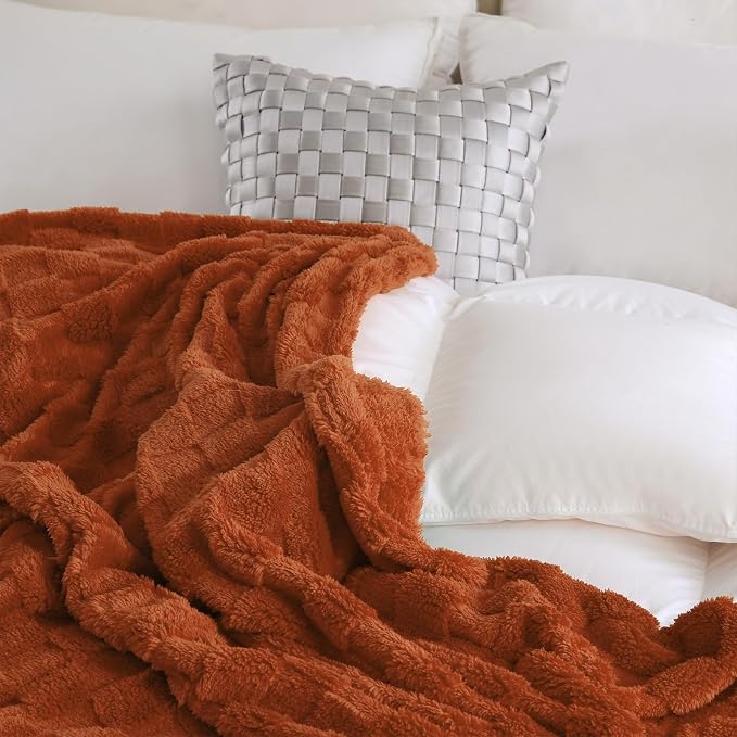 Burnt Orange Fleece Throw Blanket 50”×60”Checkered Design for Sofa | Super Soft Cozy Plush Microfiber 3D Square Pattern Flannel Blanket for Couch bed Lightweight for Adults,Women