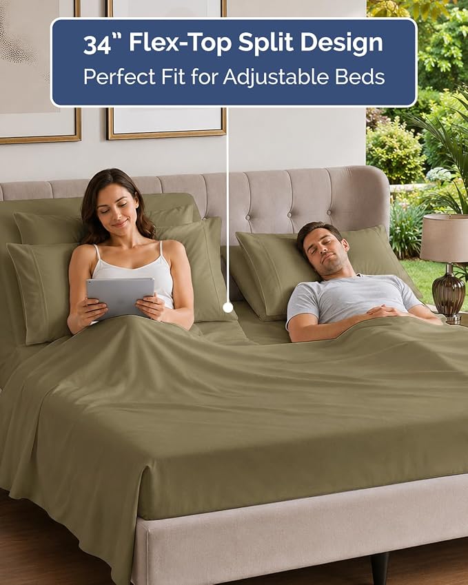 Flex Top Split Head King 6 Piece Sheet Set - Breathable & Cooling - Khaki | Ultra Soft Hotel Luxury Bedding Set w/ 8-16 Inch Deep Pockets, 1 Flat & 1 Split-Head Fitted Sheet & 4 Pillowcases, Fade Free