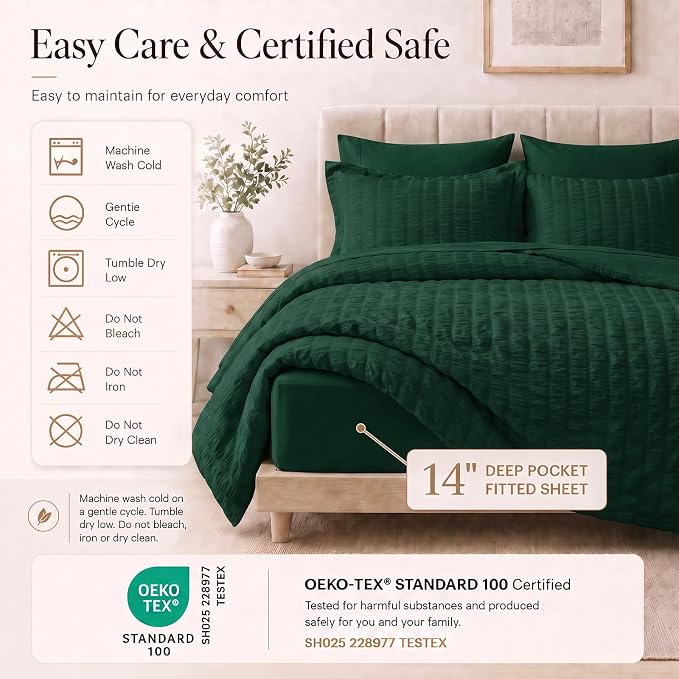 Oversized Queen Seersucker Comforter Set, Emerald Green, 98 x 98 in | OEKO-TEX Certified, 7 Pieces Bed in a Bag with 240 GSM Down Alternative Comforter, Flat & Fitted Sheets, Pillowcases & Shams