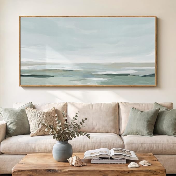 Large Framed Sage Green Abstract Wall Art for Living Room, Horizontal 60x30 | Nature landscape pictures, Canvas prints, Wood frame, Modern minimalist paintings, Wall decor for bedroom dining room office