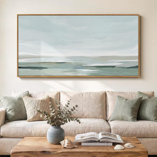 Large Framed Sage Green Abstract Wall Art for Living Room, Horizontal 60x30 | Nature landscape pictures, Canvas prints, Wood frame, Modern minimalist paintings, Wall decor for bedroom dining room office