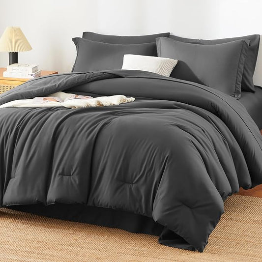 HIMEET King Comforter Set, 7-Piece Point-Quilted Bed in a Bag, Dark Grey | OEKO-TEX Certified, Lightweight 240 GSM Comforter, Flat Sheet, 14-Inch Deep-Pocket Fitted Sheet, Pillowcases & Shams