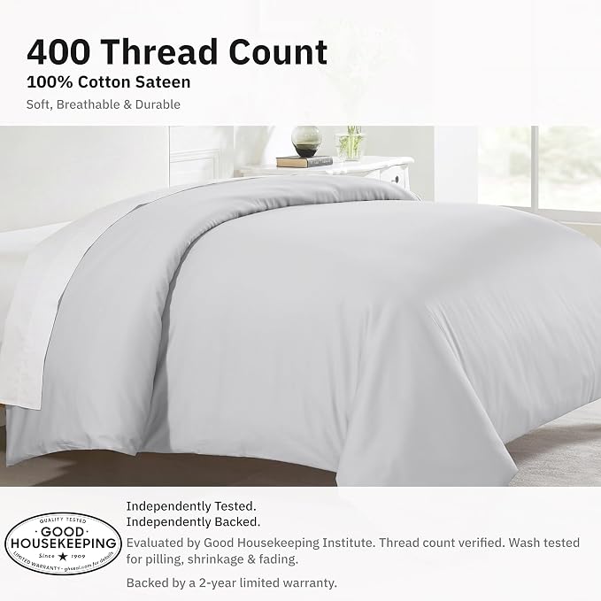 California Design Den 100% Cotton Sateen Full/Queen Duvet Cover, Silver | Duvet Cover Only, Comforter Not Included, Backed by Good Housekeeping Seal, Button Closure & Corner Ties