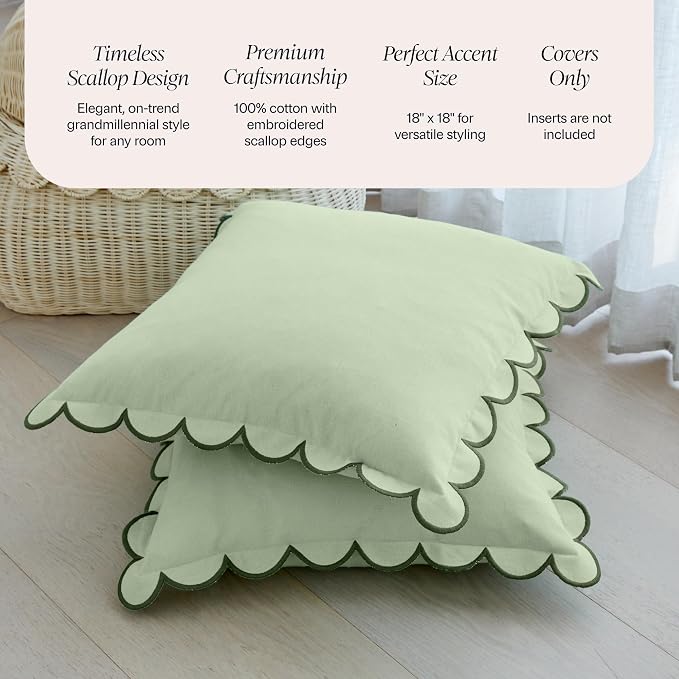 BEBE BASK Scalloped Pillow Cover Set of 2, 18x18, Cotton - Moss Green | 100% Cotton, Scallop Pillow Covers, Grandmillennial Style, 18 by 18 Inch, Easy to Care, Machine Washable, Scalloped Pillows