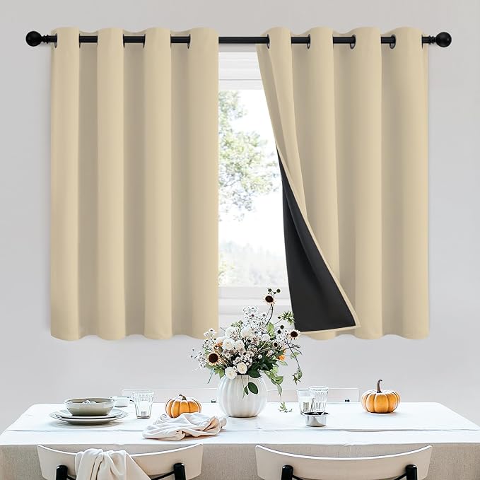 SimpleHome Beige 100% Blackout Curtains Room Darkening Living Room 36 Inch | Curtains for Bedroom,Thermal Insulated Grommet Window Drapes,Curtains for Living Room with Black Back,52 x 36 Inch,2 Panels