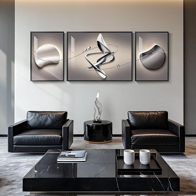 Extra Large Framed Modern Abstract Wall Art for Living Room, 3 Piece | Black Grey Silver Tones, Luxury Geometric Paintings, Long Horizontal Prints for Bedroom Dining Room Office