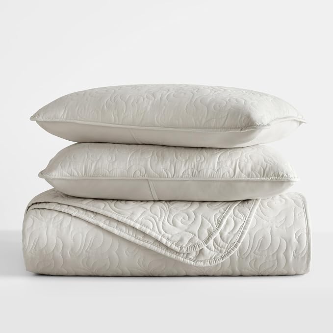 Merit Linens Modern Quilt Coverlet Soft Set in Floral Stitching - Full/Queen Natural