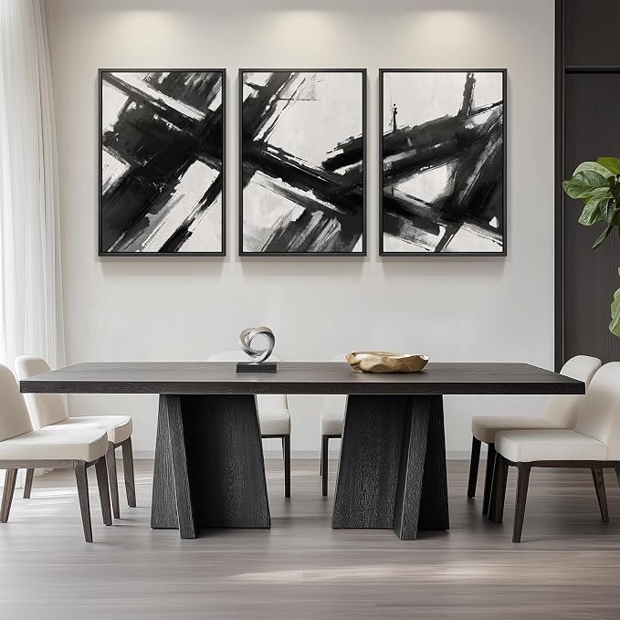 Large Framed Black and White Abstract Canvas Wall Art for Living Room | 3 Piece Modern Prints Paintings, Minimalist Artwork, Abstract Brushstroke Pictures, Hallway Dining Office Wall Decor 24x36 In