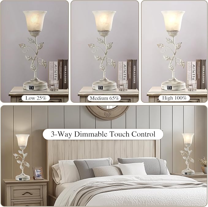 Set of 2 Rustic Touch Table Lamps for Bedroom 2 USB C+A | 3-Way Dimmable Nightstand Flower Lamp, Retro White Glass Shade Leaf Lamp for Living Room Entryway, 2 LED Bulb Included