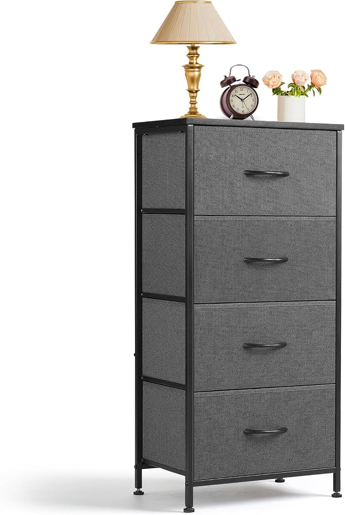 4 Drawers Dresser for Bedroom Fabric Storage Tower with Wooden Top | Steel Frame Tall Chest of Drawers for Closet, Entryway, Dorm, Gray