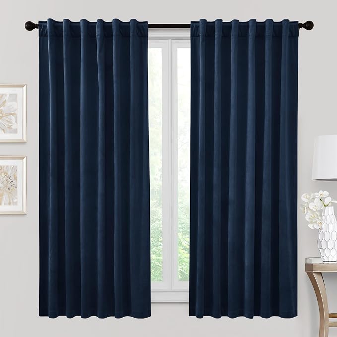 RYB HOME Navy Blue Velvet Curtains & Drapes 72 inches Long for Nursery | Thermal Insulated, Privacy UV Blocking, Luxurious Soft Fabric, Back Tab, Drapes for Bedroom Bathroom, W42 x L72, 2 Panels