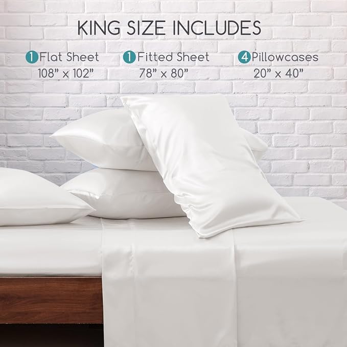 MR&HM Satin Sheets King Size with Elastic Corner Straps, Ivory | Similar to Silk, 6-Piece Silky Soft Bed Sheet Set, Gentle on Skin and Hair, 15" Deep Pocket, Cooling & Breathable
