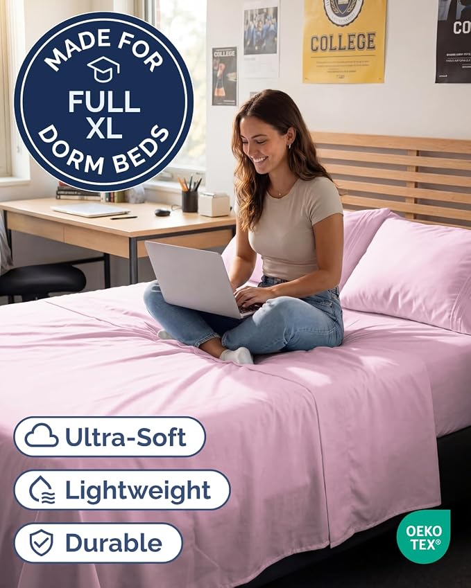 Full XL Sheets - 4 Piece Full XL Sheet Set - Cool & Breathable - Light Pink | Hotel Luxury Bedding for Women & Men with Deep Pockets, Ultra-Soft, Comfy, Easy-Fit, Wrinkle Free & Fade Resistant, Oeko-Tex